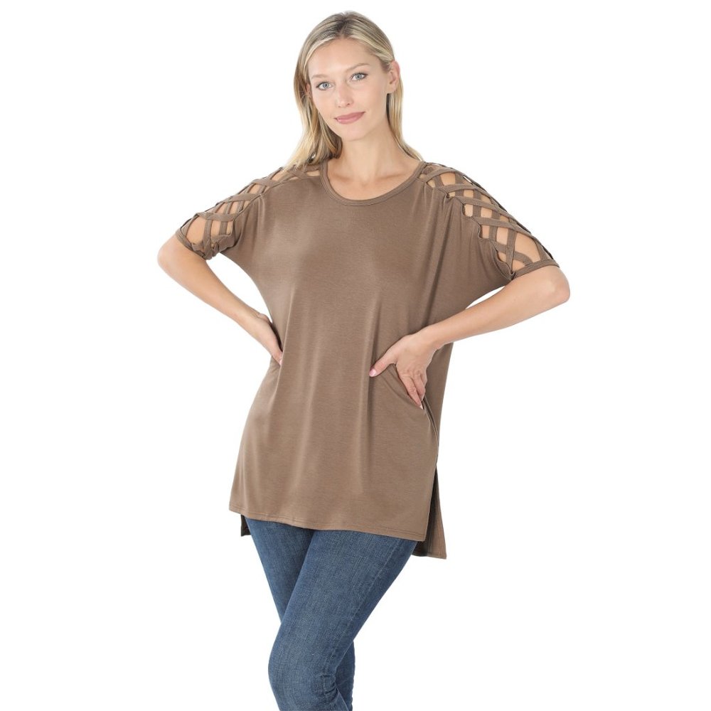 CRISS-CROSS SHOULDER  HI-LOW HEM DARKMOCHA TOP NWT